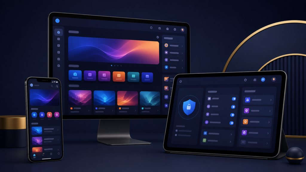 Ilustrasi fitur digital Indocair pada desktop tablet dan ponsel