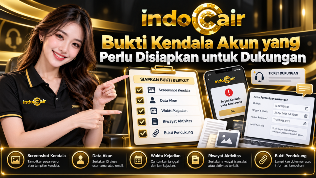 Bukti kendala akun yang perlu disiapkan untuk dukungan INDOCAIR, termasuk screenshot, data akun, waktu kejadian, dan bukti pendukung.