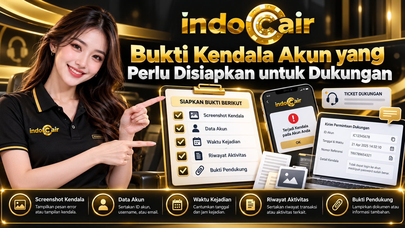 Ilustrasi persiapan bukti kendala akun sebelum menghubungi dukungan INDOCAIR