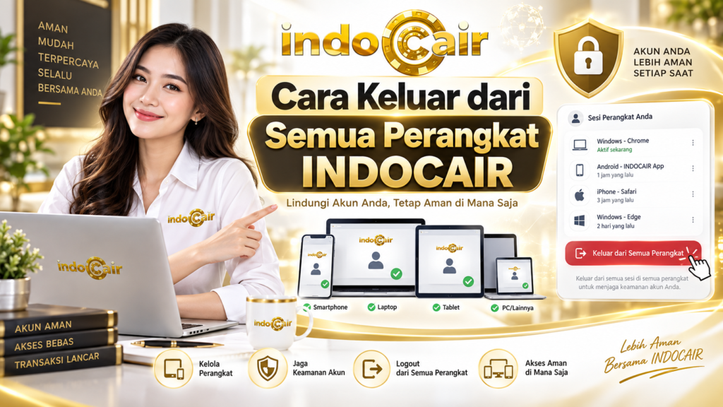 Ilustrasi cara keluar dari semua perangkat INDOCAIR dengan laptop, ponsel, daftar sesi aktif, dan wanita berlogo INDOCAIR