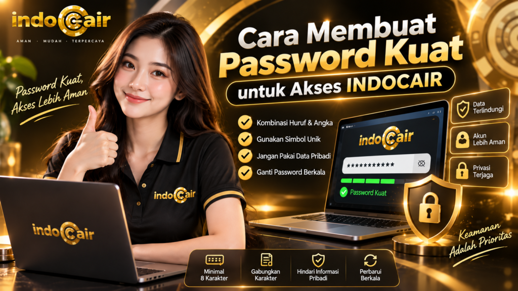 Ilustrasi panduan membuat password kuat untuk akses INDOCAIR dengan laptop, ikon gembok, dan wanita berlogo INDOCAIR