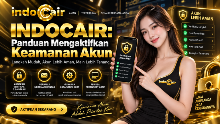 Ilustrasi panduan mengaktifkan keamanan akun INDOCAIR dengan verifikasi dua langkah, kata sandi kuat, dan pemeriksaan perangkat