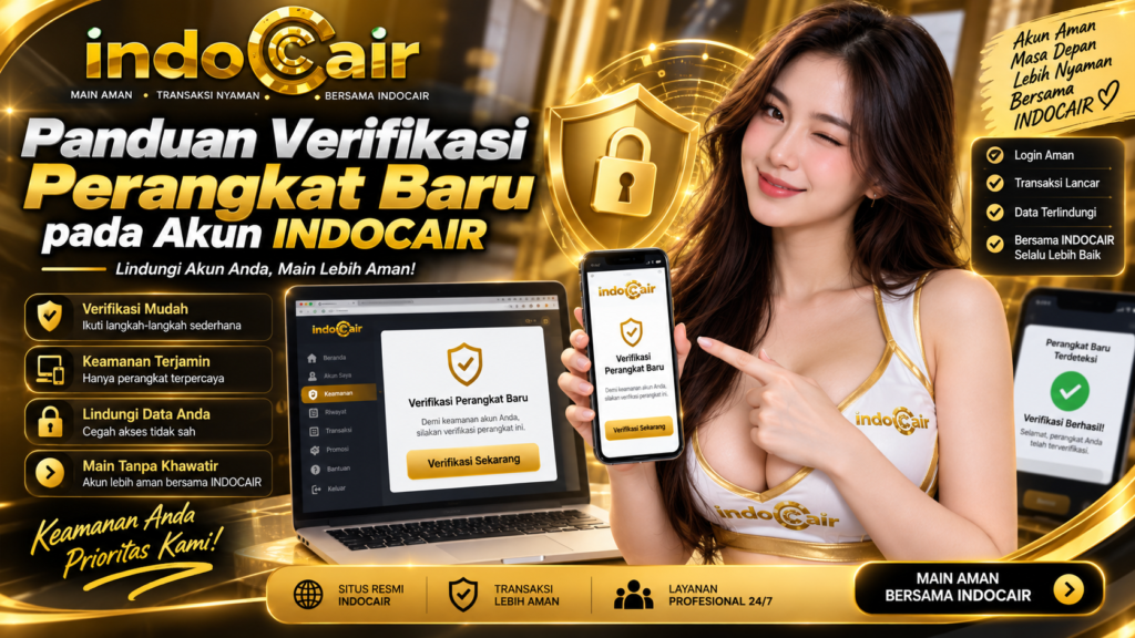 Ilustrasi panduan verifikasi perangkat baru pada akun INDOCAIR dengan laptop, ponsel, ikon keamanan, dan wanita berlogo INDOCAIR