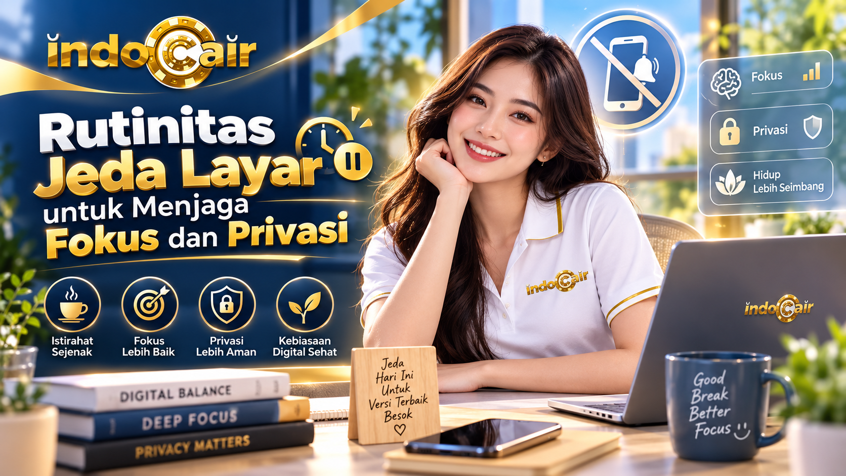 Ilustrasi rutinitas jeda layar untuk menjaga fokus dan privasi pengguna INDOCAIR