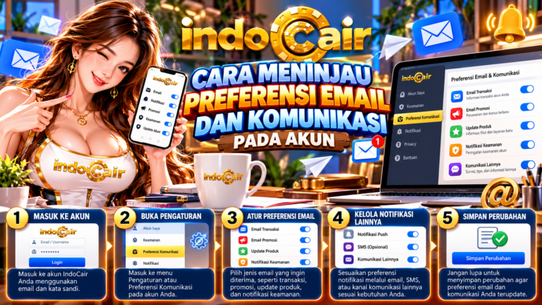 Banner INDOCAIR tentang cara meninjau preferensi email dan komunikasi akun, menampilkan wanita berlogo INDOCAIR, smartphone, laptop, ikon email, pengaturan notifikasi, dan lima langkah mengelola komunikasi digital.
