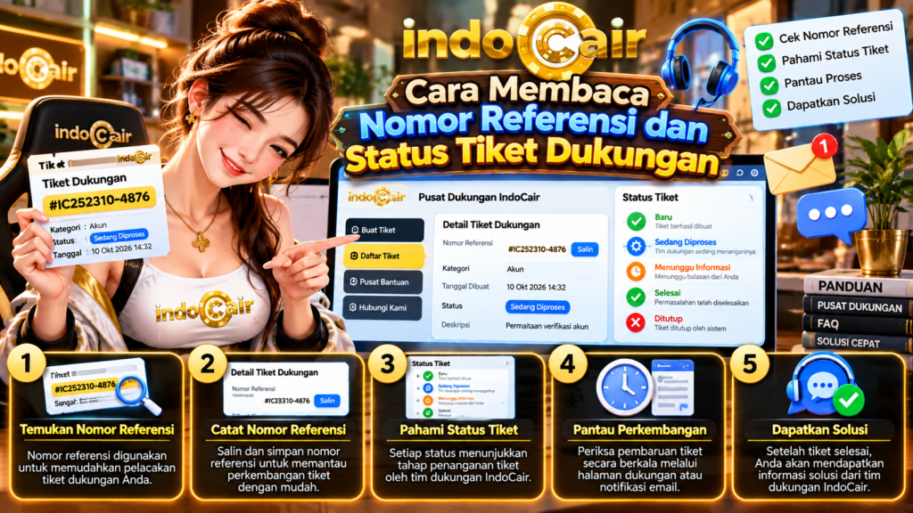 Panduan membaca nomor referensi dan status tiket dukungan IndoCair, menampilkan wanita berbaju logo IndoCair, dashboard layanan pelanggan, nomor tiket, dan tahapan penyelesaian masalah.