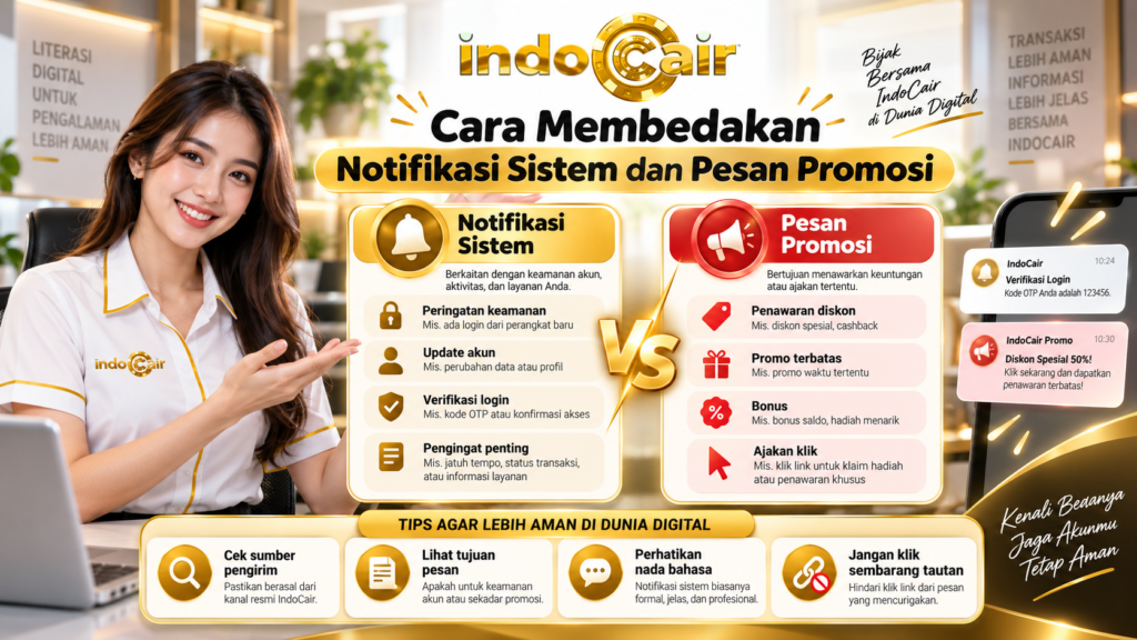 Cara membedakan notifikasi sistem dan pesan promosi INDOCAIR berdasarkan tujuan pesan, keamanan akun, verifikasi login, penawaran, dan tautan yang diberikan.