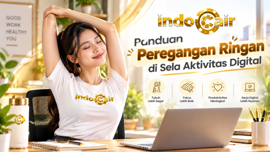 Banner profesional bertema panduan peregangan ringan di sela aktivitas digital, menampilkan wanita melakukan stretching dengan nuansa kerja sehat dan elemen brand IndoCair.